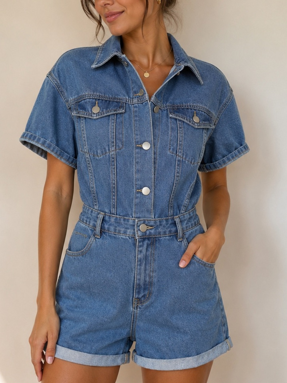Denim Short-Sleeve Romper Jumpsuit - Blue